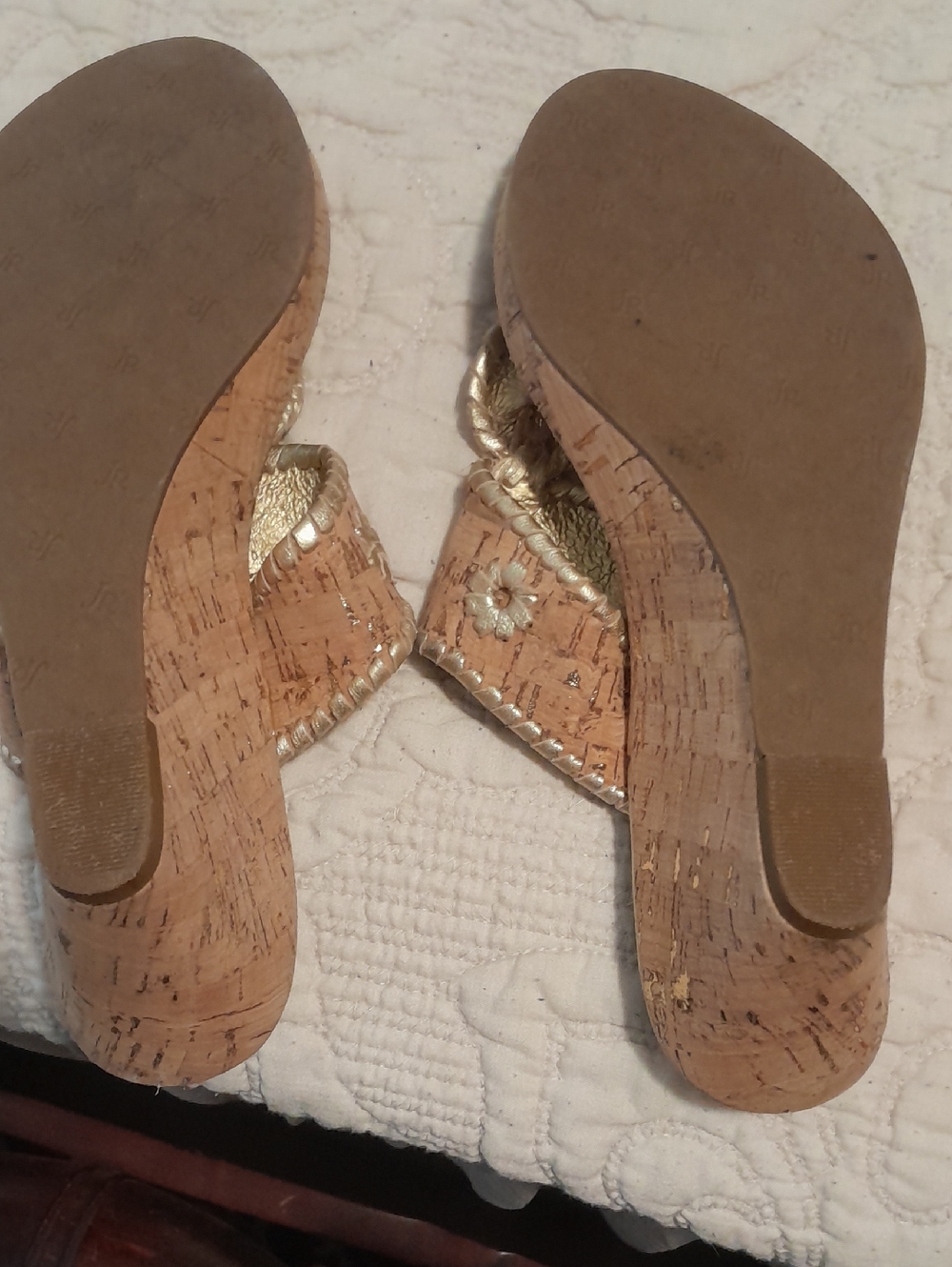 Jack Rogers Cork And Gold Wedge Thong Sandals in Beige with Embroidered Accents - Picture 4 of 4